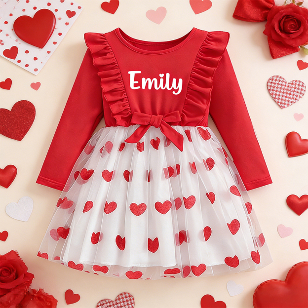 Personalized Girl Valentine's Day Heart Mesh Dress| YESVa09