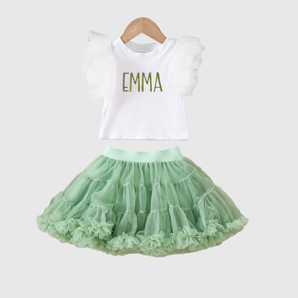 Personalized Girl Mesh Flying Sleeve T-shirt TUTU Skirt Set| Cloth236