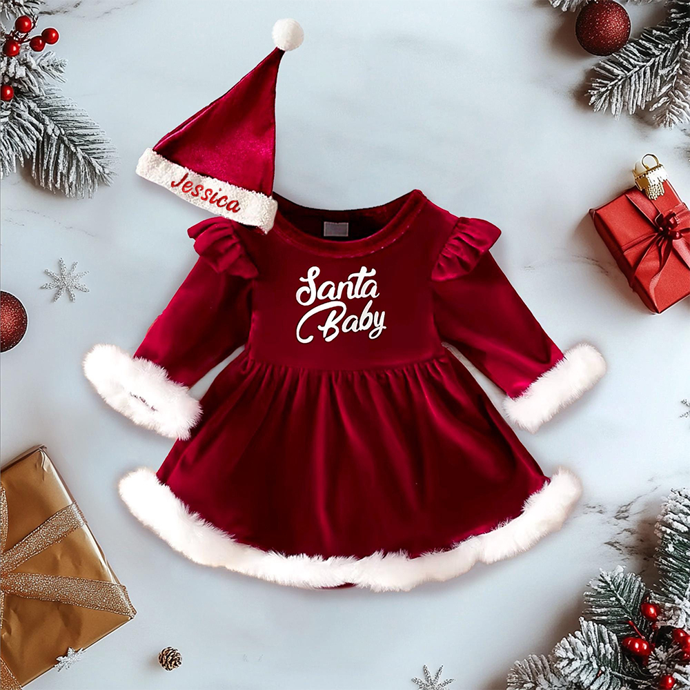 Personalized Santa Baby Outfit with Embroidered Party Hat|YESMC01
