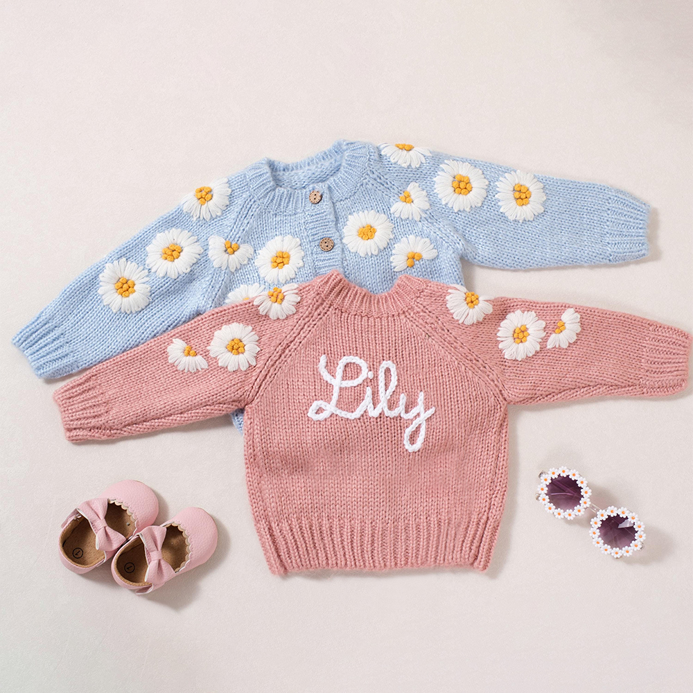 Personalized Baby Hand Embroidered Daisy Cardigan| Cloth241