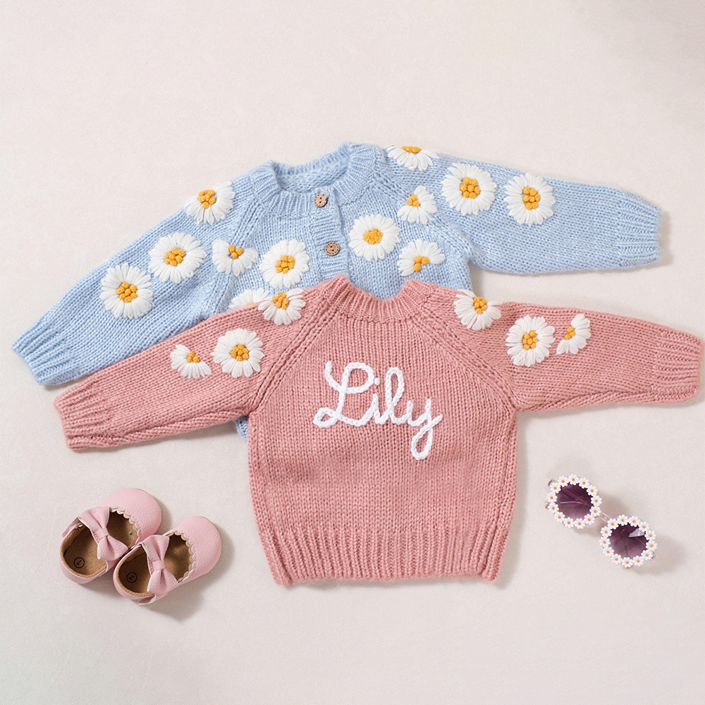 Personalized Baby Hand Embroidered Daisy Cardigan| Cloth241