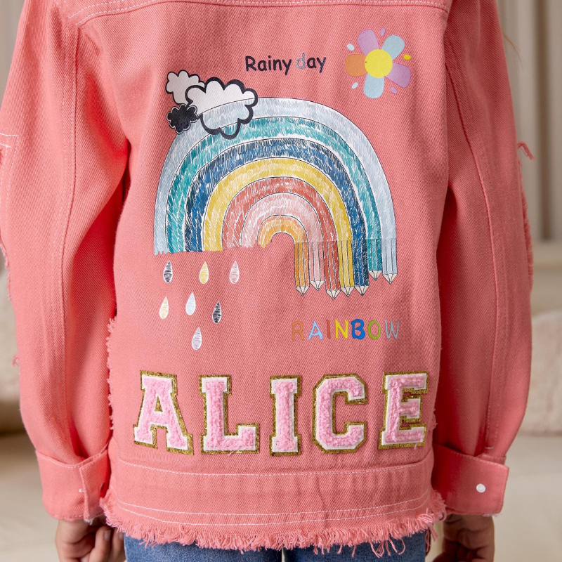 Personalized Girl Patch Rainbow Pink Denim Jacket| Cloth228