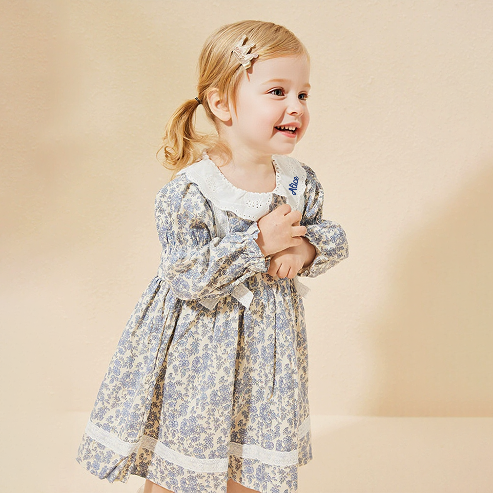 Personalized Girl Long Sleeve Floral Dress| Dress35