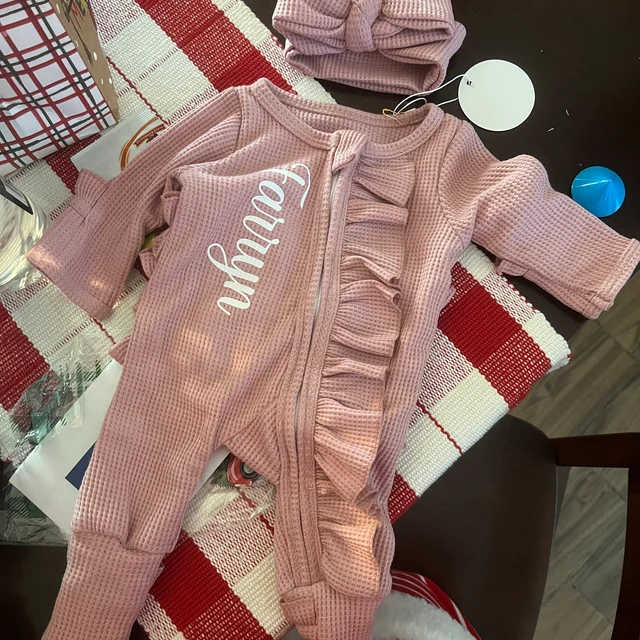 Personalized Baby Girl Zipper Knit Ruffled Footie Outfit| BBCloth61