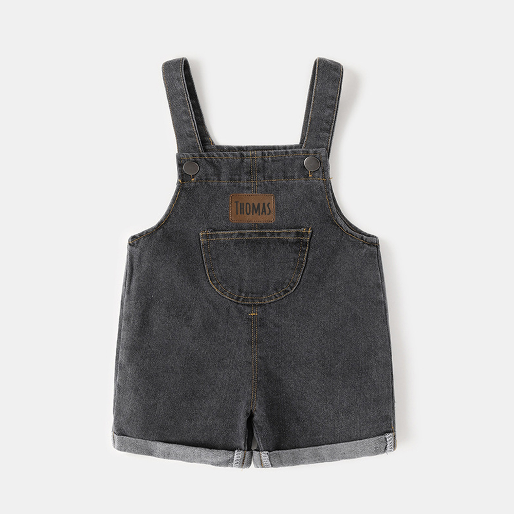 Personalized Kids Leather Patch Denim Overalls| Pants03
