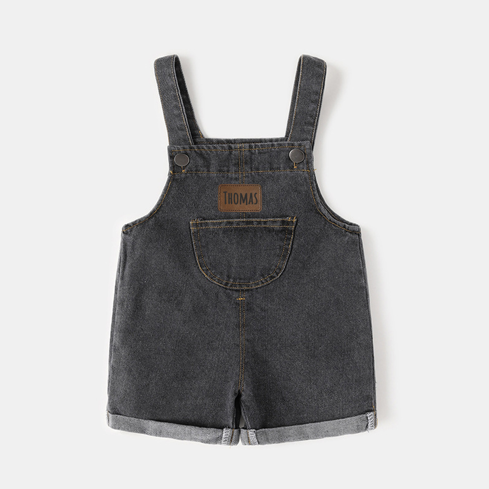 Personalized Kids Leather Patch Denim Overalls| Pants03