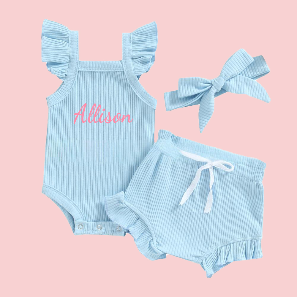 Personalized  3PCS Baby Girl Causal Ribbed Bodysuit Set| BBCloth91