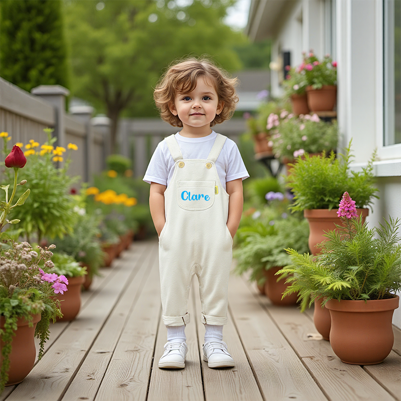 Personalized Kids White & Blue Denim Cozy Overalls| Pants18