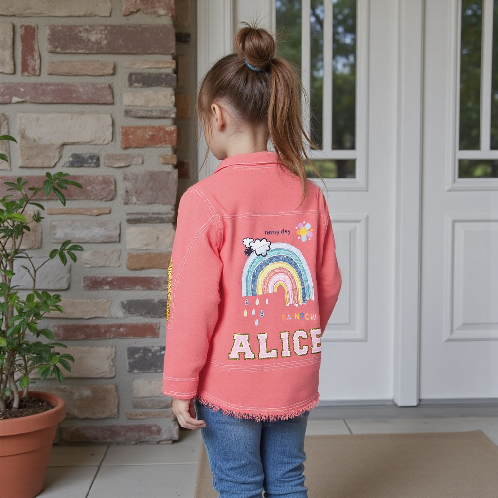 Personalized Girl Patch Rainbow Pink Denim Jacket| Cloth228