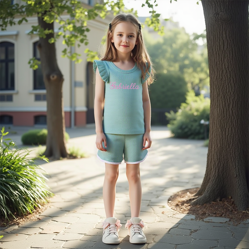 ]Personalized Girl Summer Ruffle T-Shirt and Shorts Set| Cloth233