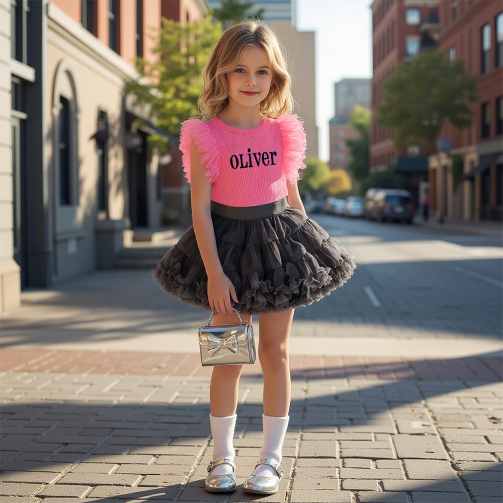 Personalized Girl Mesh Flying Sleeve T-shirt TUTU Skirt Set| Cloth236