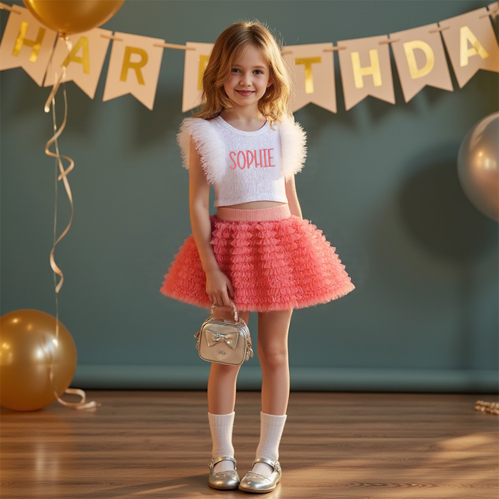 Personalized Girl Embroidered Ruffle Flutter Sleeve Tutu Set| Cloth237