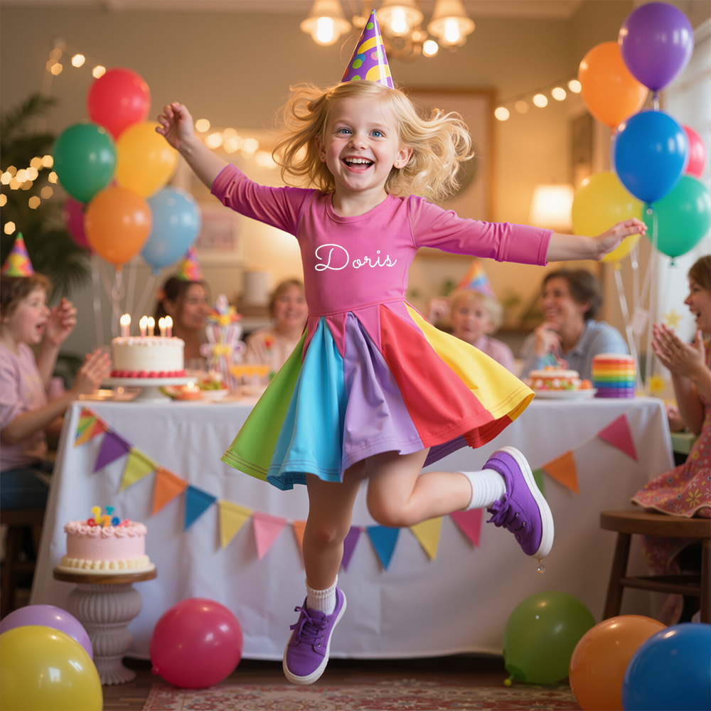 Personalized Girl Rainbow Ruffle Casual Dress| Dress24