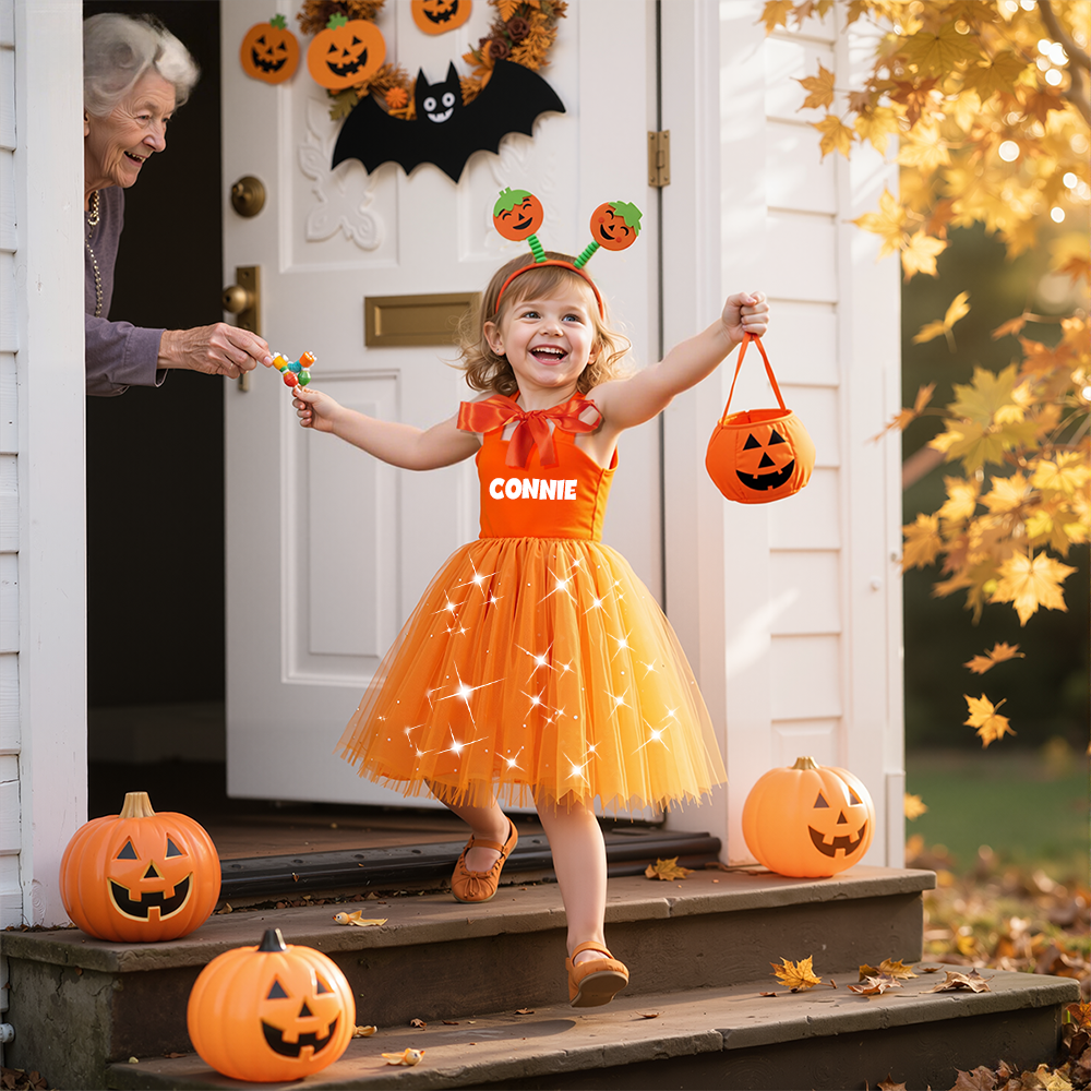 Personalized 3Pcs Girl Halloween Pumpkin Led Dress| YESHalloween06