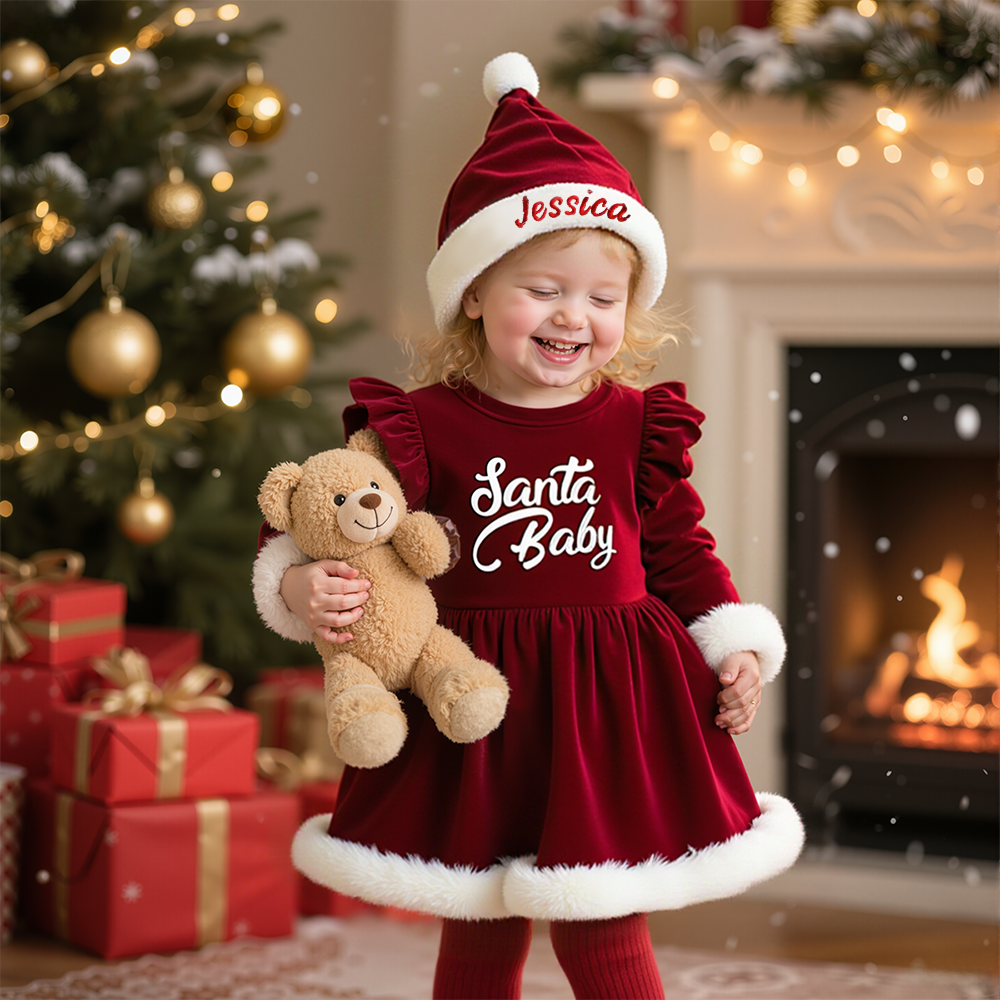 Personalized Santa Baby Outfit with Embroidered Party Hat|YESMC01