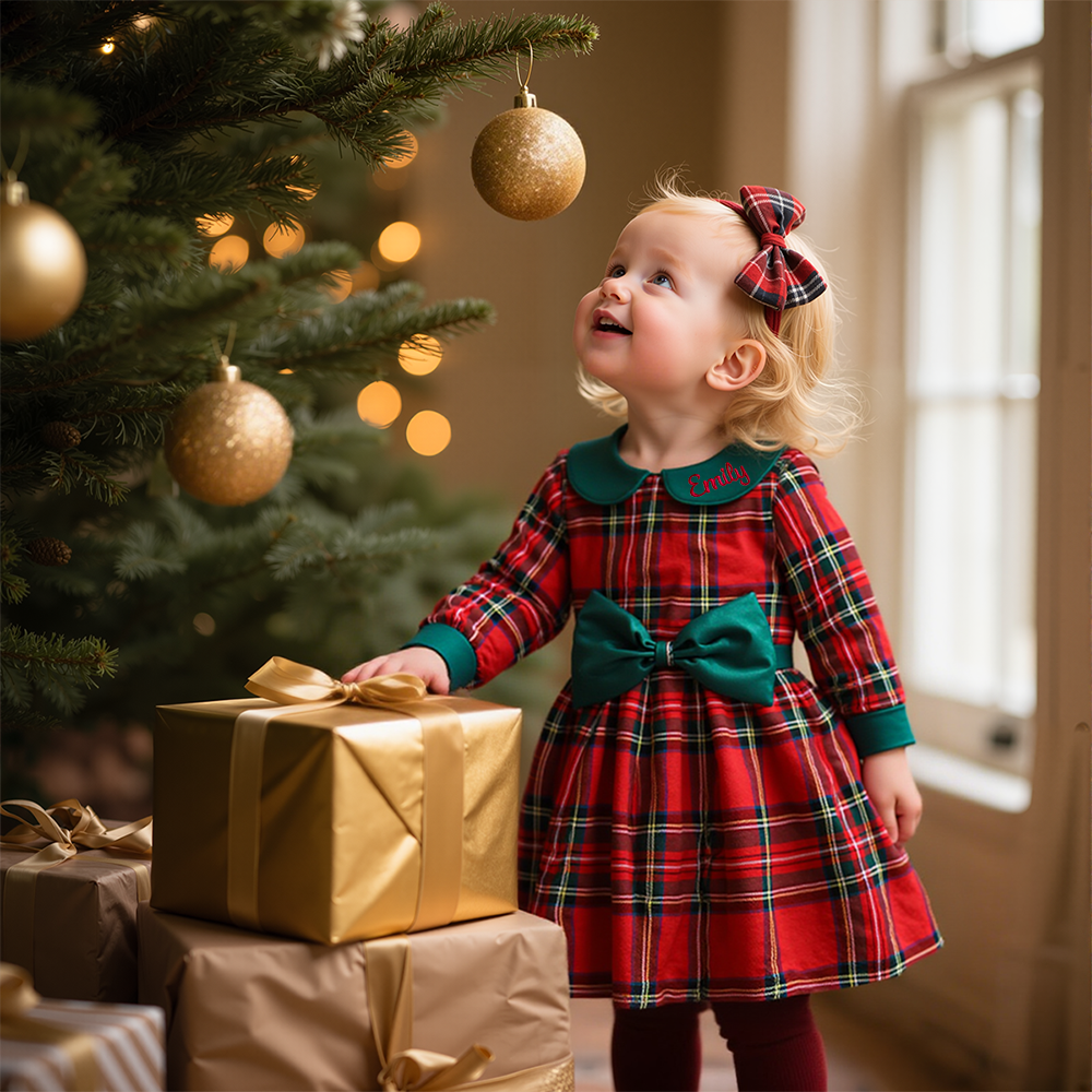 Personalized Girl Christmas Big Bow Doll Collar Dress|YESMC06