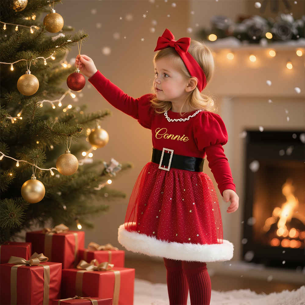 Personalized Christmas Girl Bow With Puff Sleeve Star Mesh Dress|YESMC08