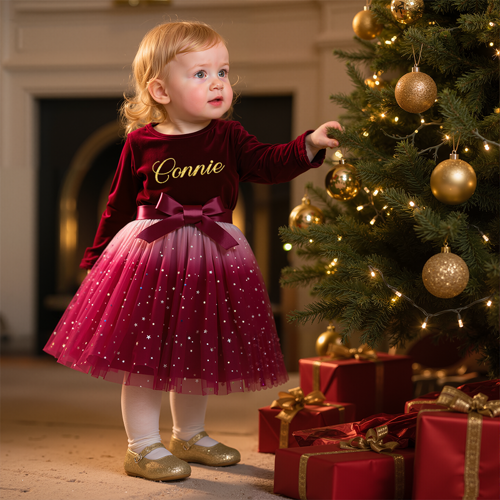 Personalized Christmas Girl Bow Star Mesh Party Dress|YESMC10