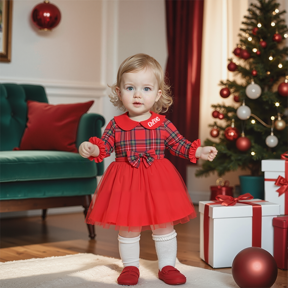 Personalized Girl Christmas Mesh Bowknot Dress|YESMC15
