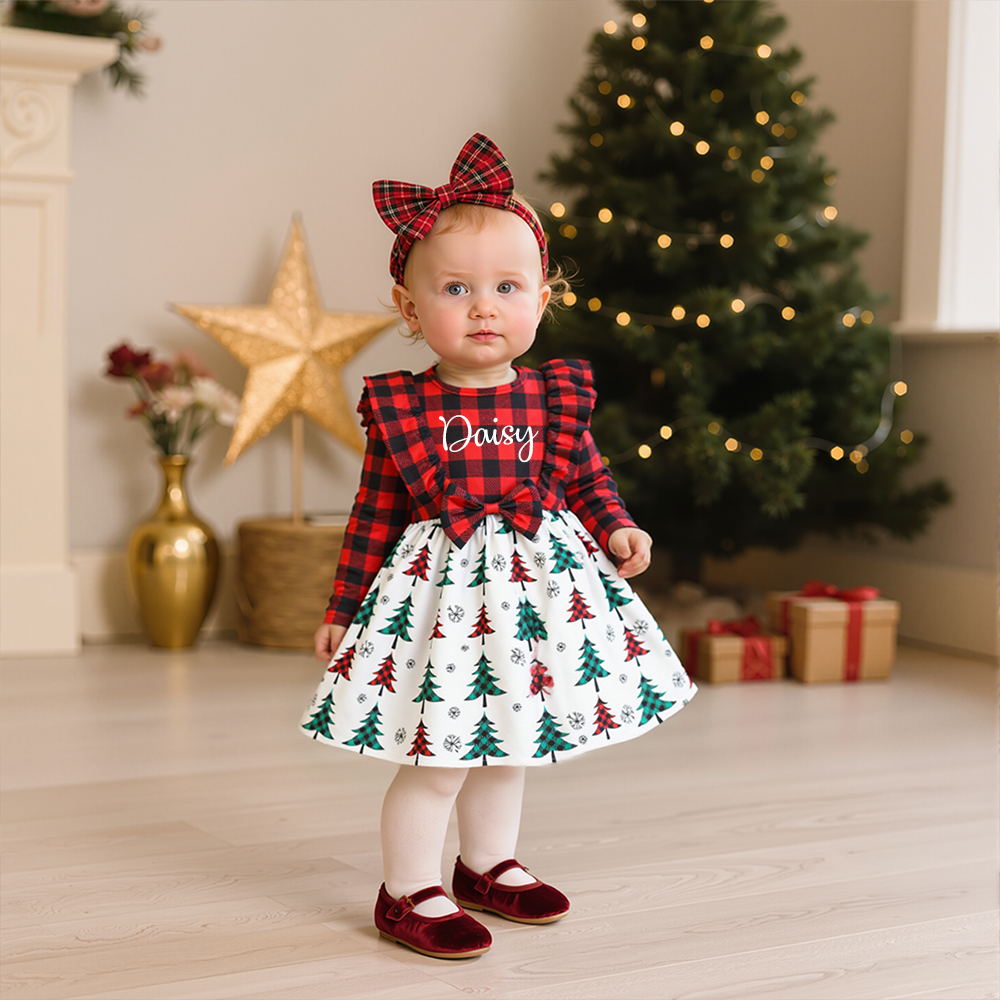 Personalized Girl Christmas Tree Grid Dress|YESMC17