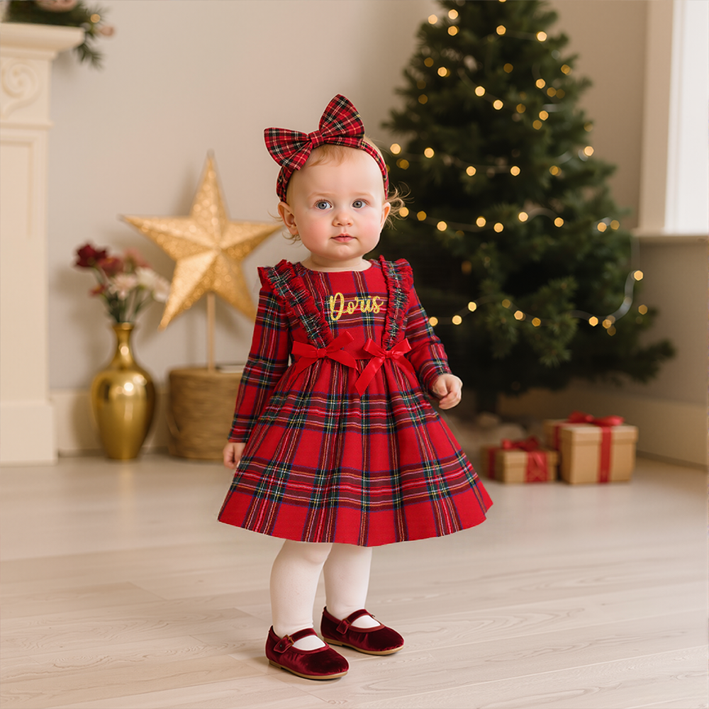 Personalized Girl Red Plaid Christmas Dress Set with Headband|YESMC18