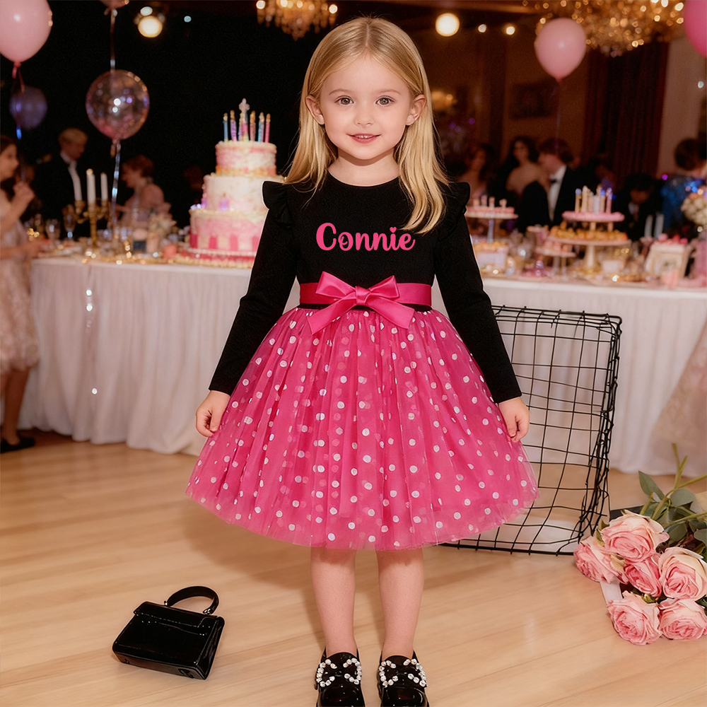 Personalized Girl Polka Dot Tulle with Bow Dress| Dress32
