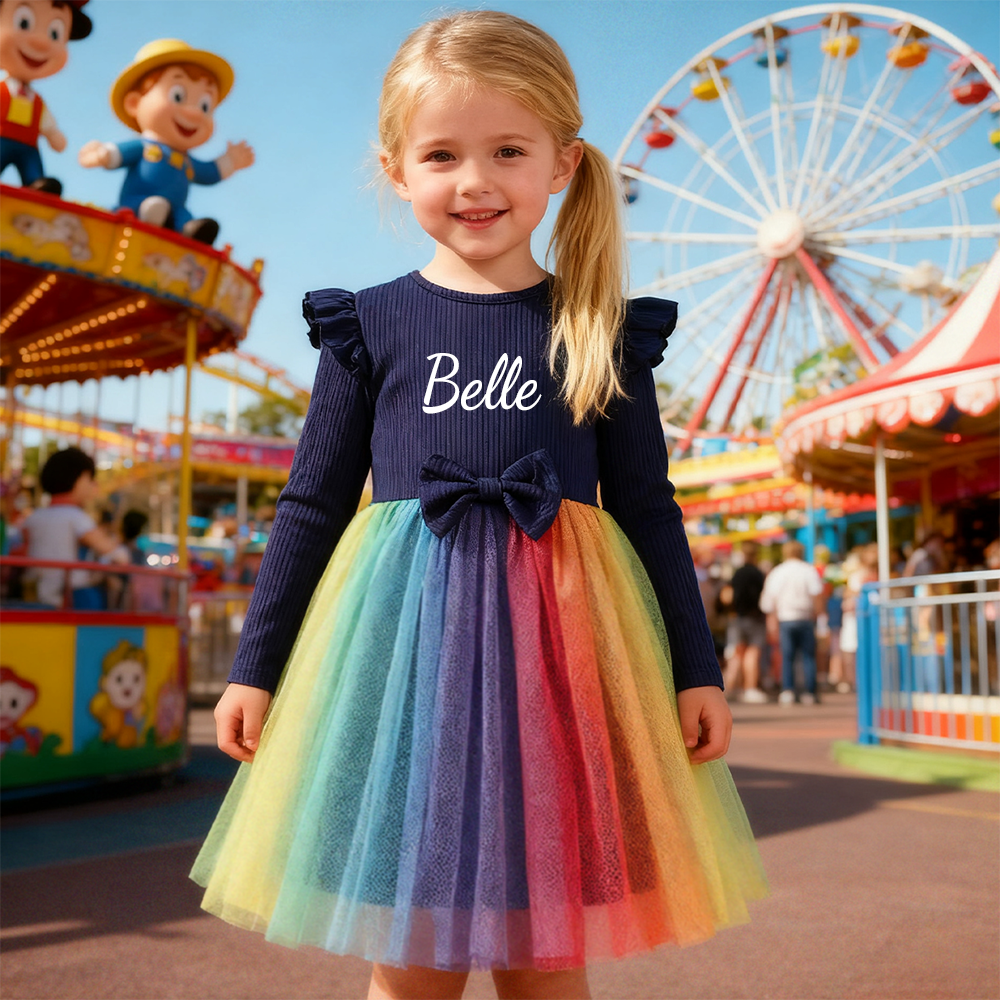 Personalized Girl Rainbow Mesk Dress| Dress34