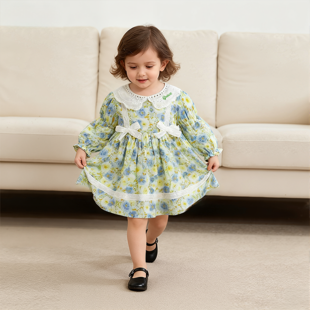 Personalized Girl Long Sleeve Floral Dress| Dress35