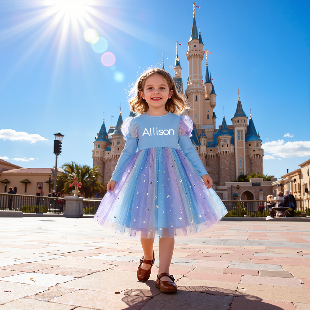 Personalized Girl Long Sleeve Blue Tulle Dress| Dress38