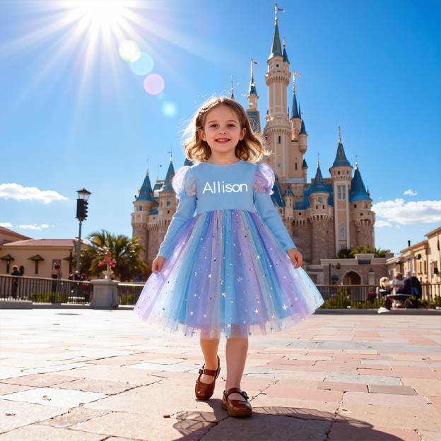 Personalized Girl Long Sleeve Blue Tulle Dress| Dress38