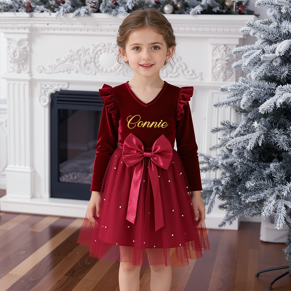 Personalized Girl Christmas Bow Red Tulle Dress| YESMC27