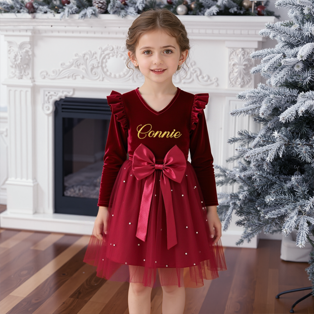 Personalized Girl Christmas Bow Red Tulle Dress| YESMC27