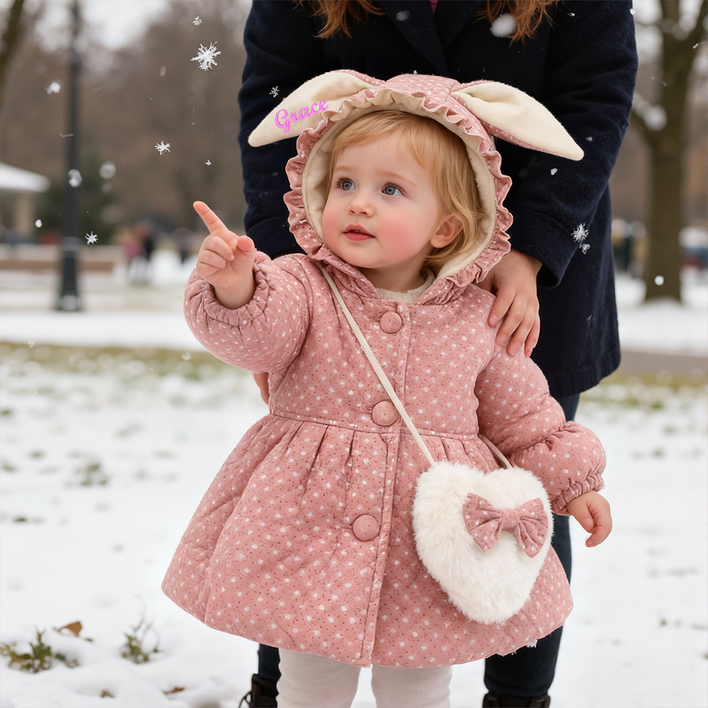 Personalized Baby Girl Embroidered Bunny Ear Coat With Heart Bag| BBcloth104