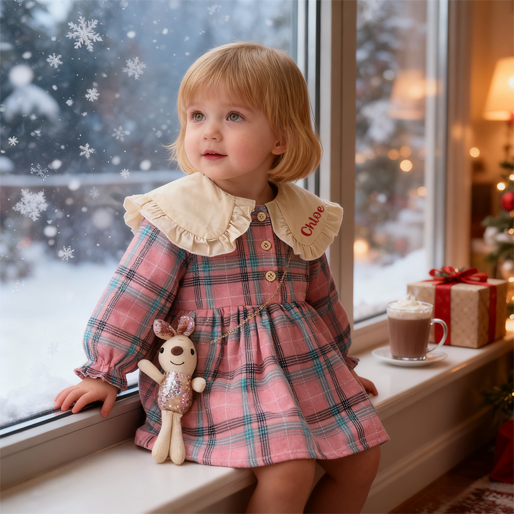 Personalized Baby Girl Peter Pan Collar Dress With Bunny Bag| YESMC28