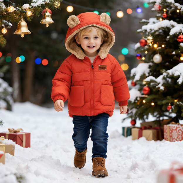 Personalized Leather Patch Kids Bear Ear Puffer Jacket| Cloth256
