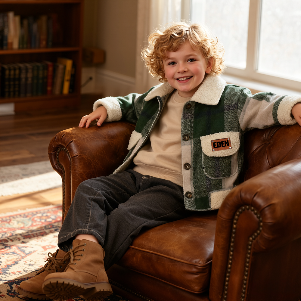Personalized Boy Leather Patch Plaid Jacket| Cloth259