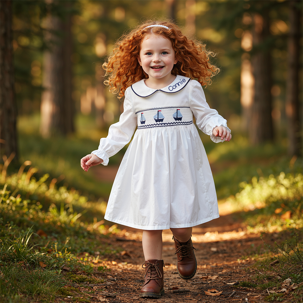 Personalized Girl Long Sleeve Sailboat Dress| Dress39