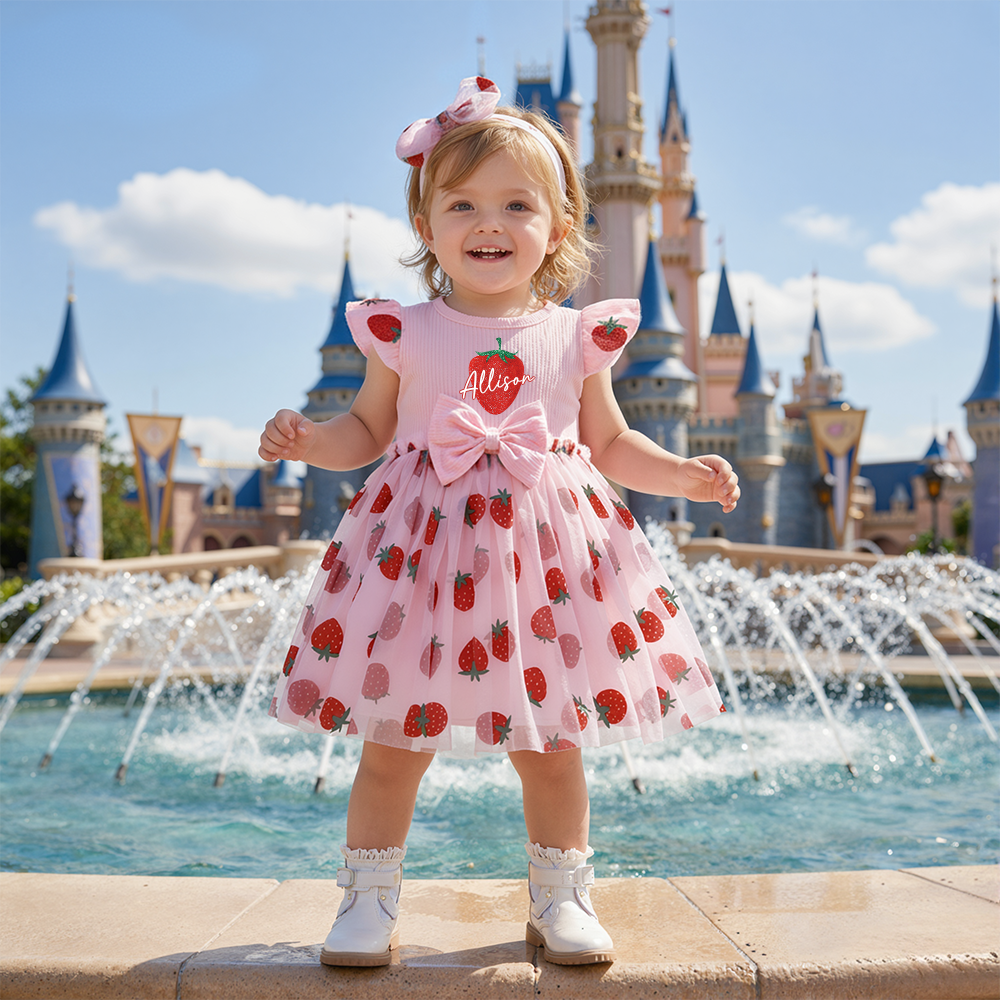 Personalized Girl Strawberry Mesh Dress With Headband| Dress48