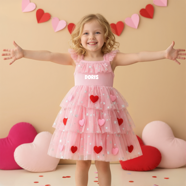 Personalized Girl Valentine's Day Heart Mesh Dress| YESVa05