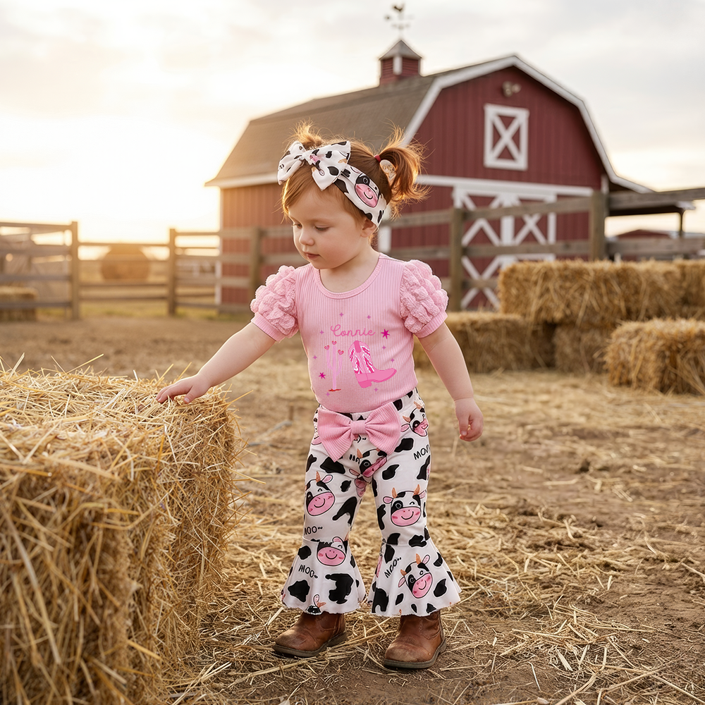Personalized Baby Girl Cow Print Outfit Set| BBcloth119