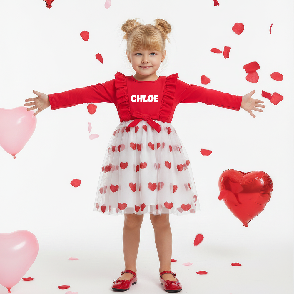 Personalized Girl Valentine's Day Heart Mesh Dress| YESVa09