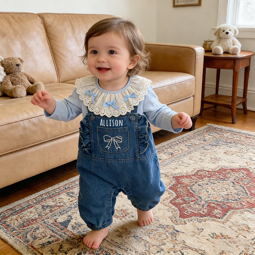 Personalized Baby Girl Lace Collar Top & Denim Overalls Set| Pants36