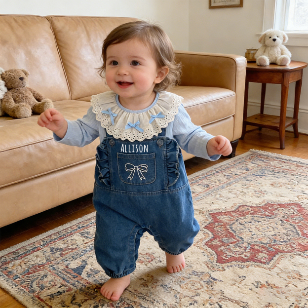 Personalized Baby Girl Lace Collar Top & Denim Overalls Set| Pants36