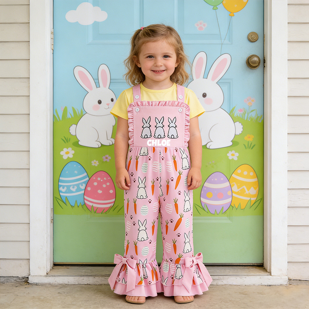 Personalized Girl Easter Bunny Pink Overalls| Pants39
