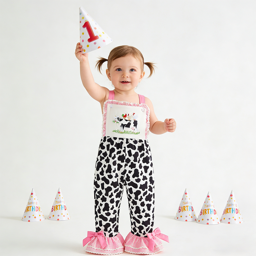Girl Birthday Cow Print Overalls| Pants32