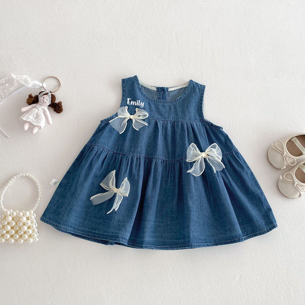 Personalized Girl Summer Bow Sleeveless Denim Dress| Dress71