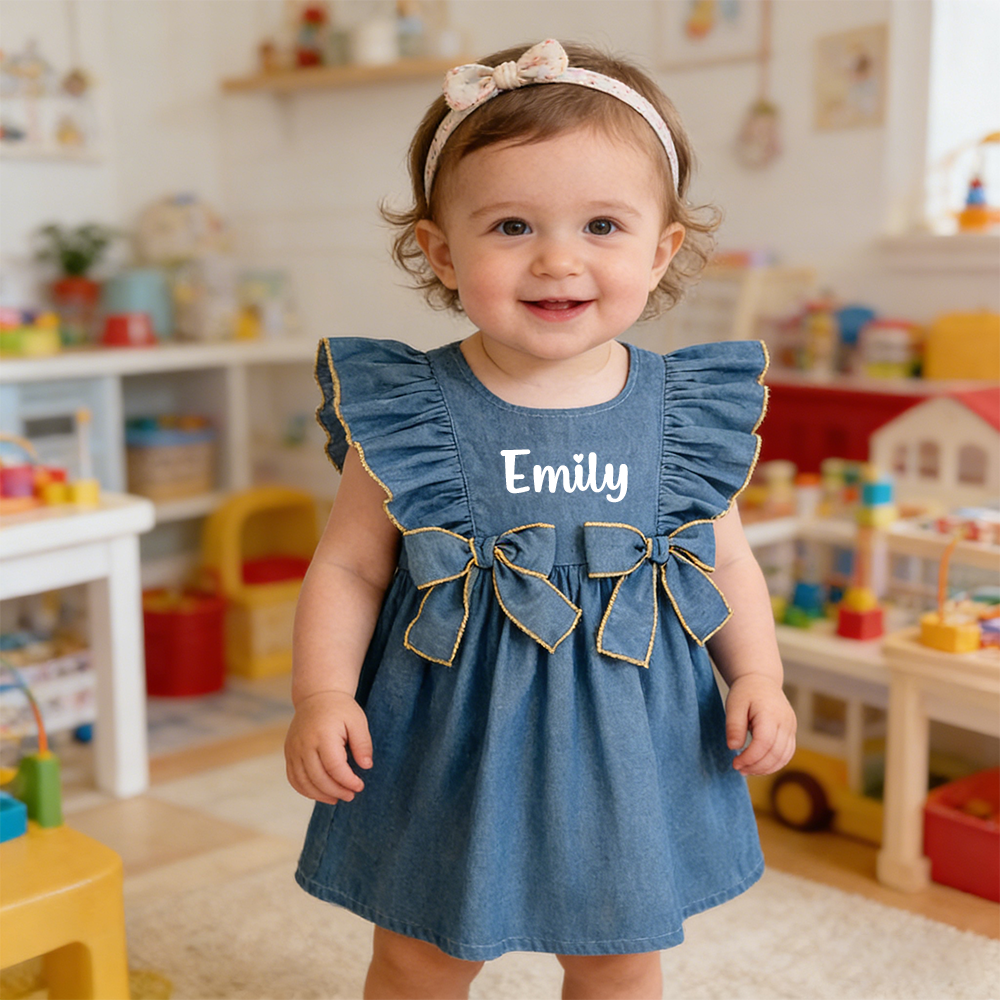 Personalized Girl Ruffle Shoulder Denim Dress| Dress74
