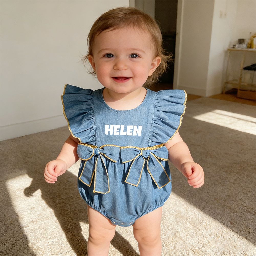 Personalized Baby Girl Ruffle Shoulder Denim Romper| BBcloth123