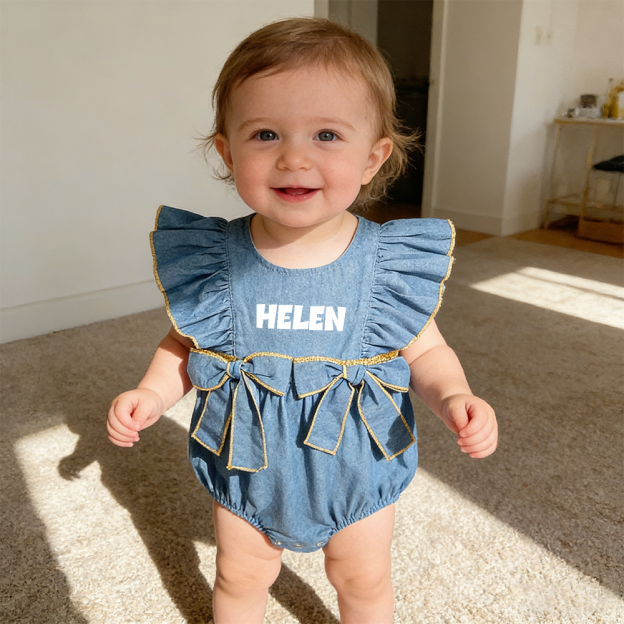 Personalized Baby Girl Ruffle Shoulder Denim Romper| BBcloth123