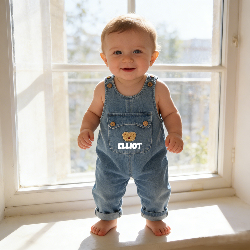 Personalized Kids Bear Patch Denim Overalls Set| Pants46